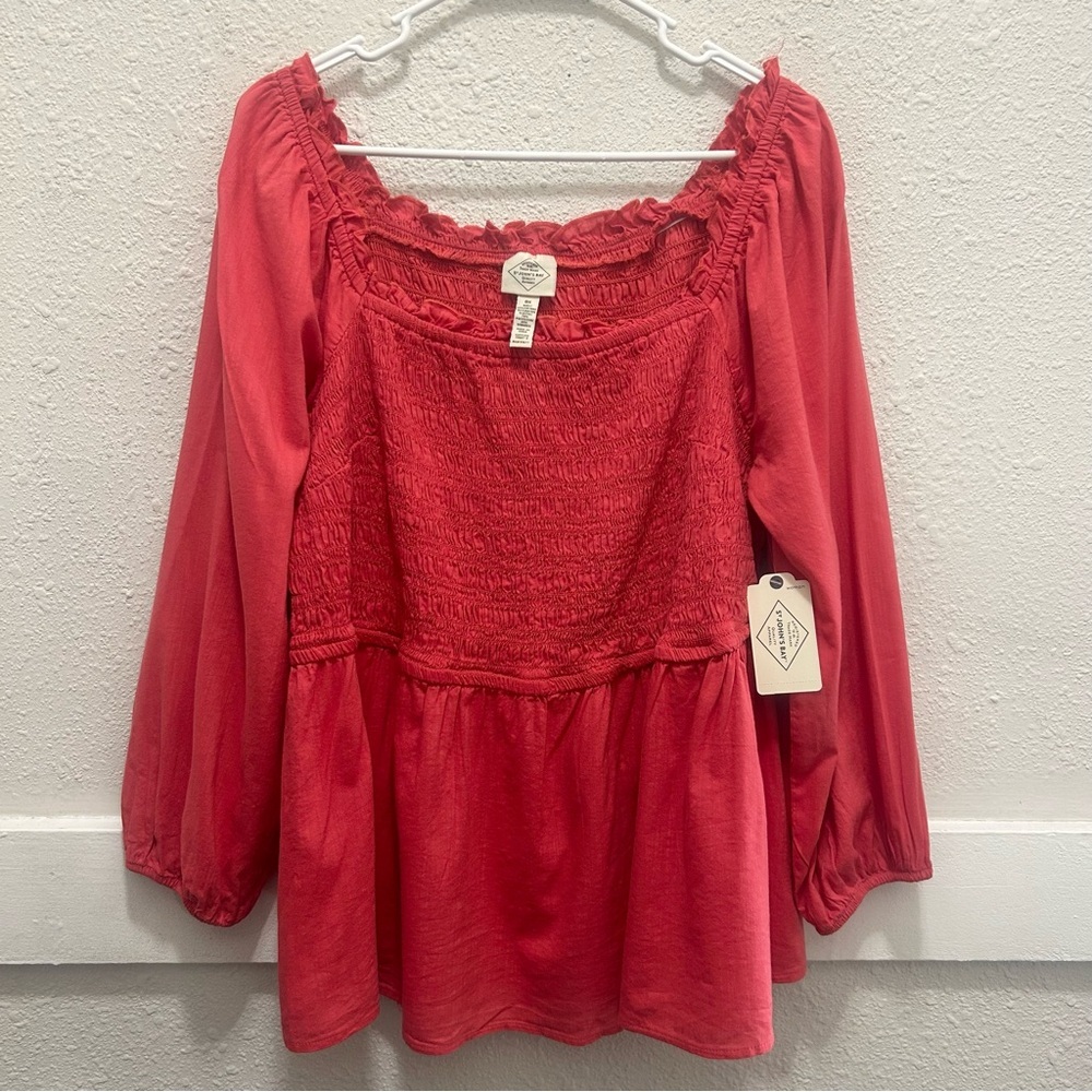 St John's Bay Smocked Peplum Top in Red Chrysanthemum NWT 0X
